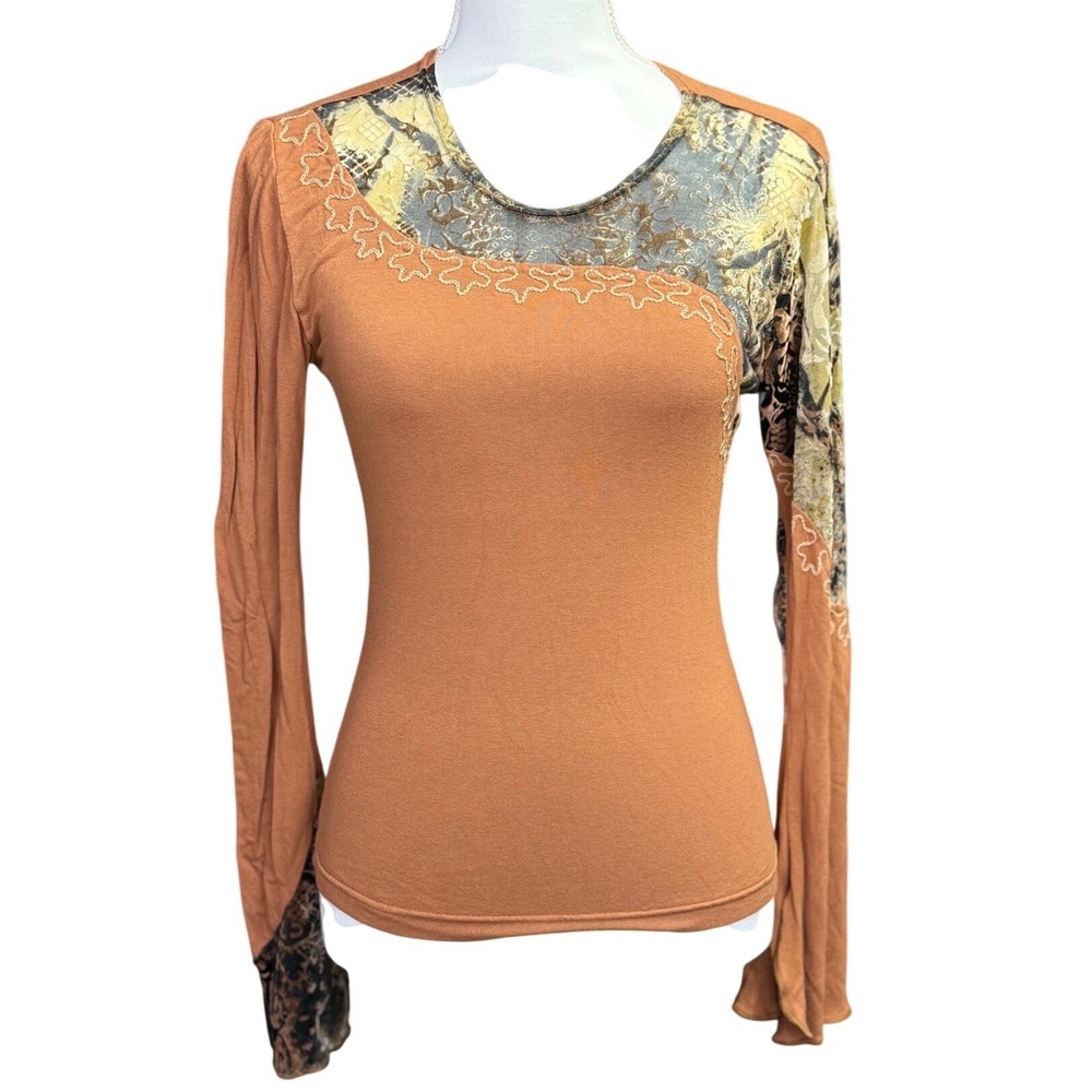 Y2K Patchwork Asymmetrical Boho‎ Top Brown Stretch Womens M
